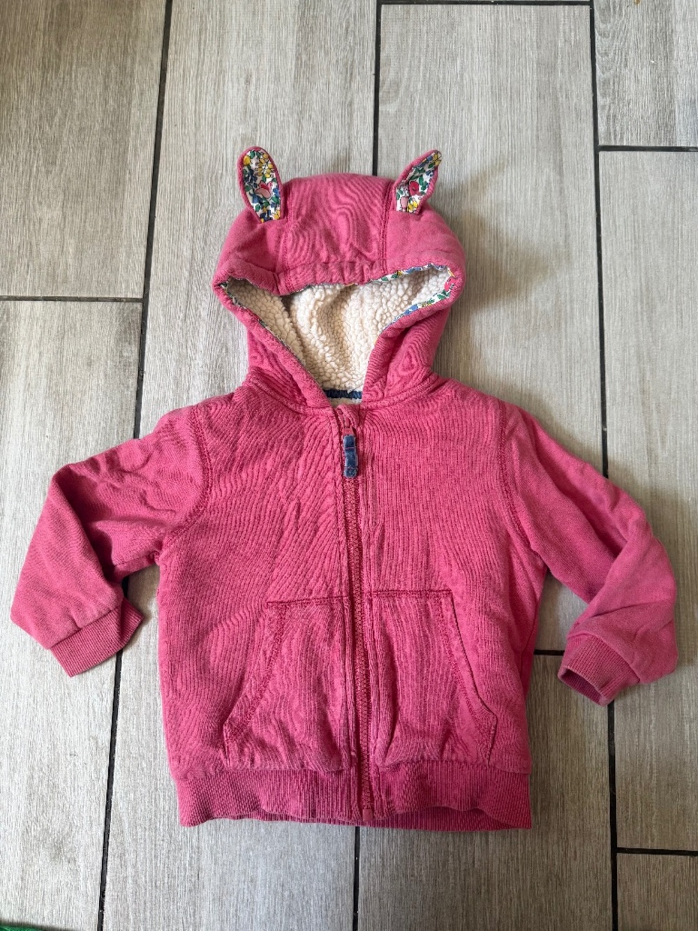 Mini Boden Pink Sherpa Lined Zip Up Hoodie with Bunny Ears 2-3 Yr